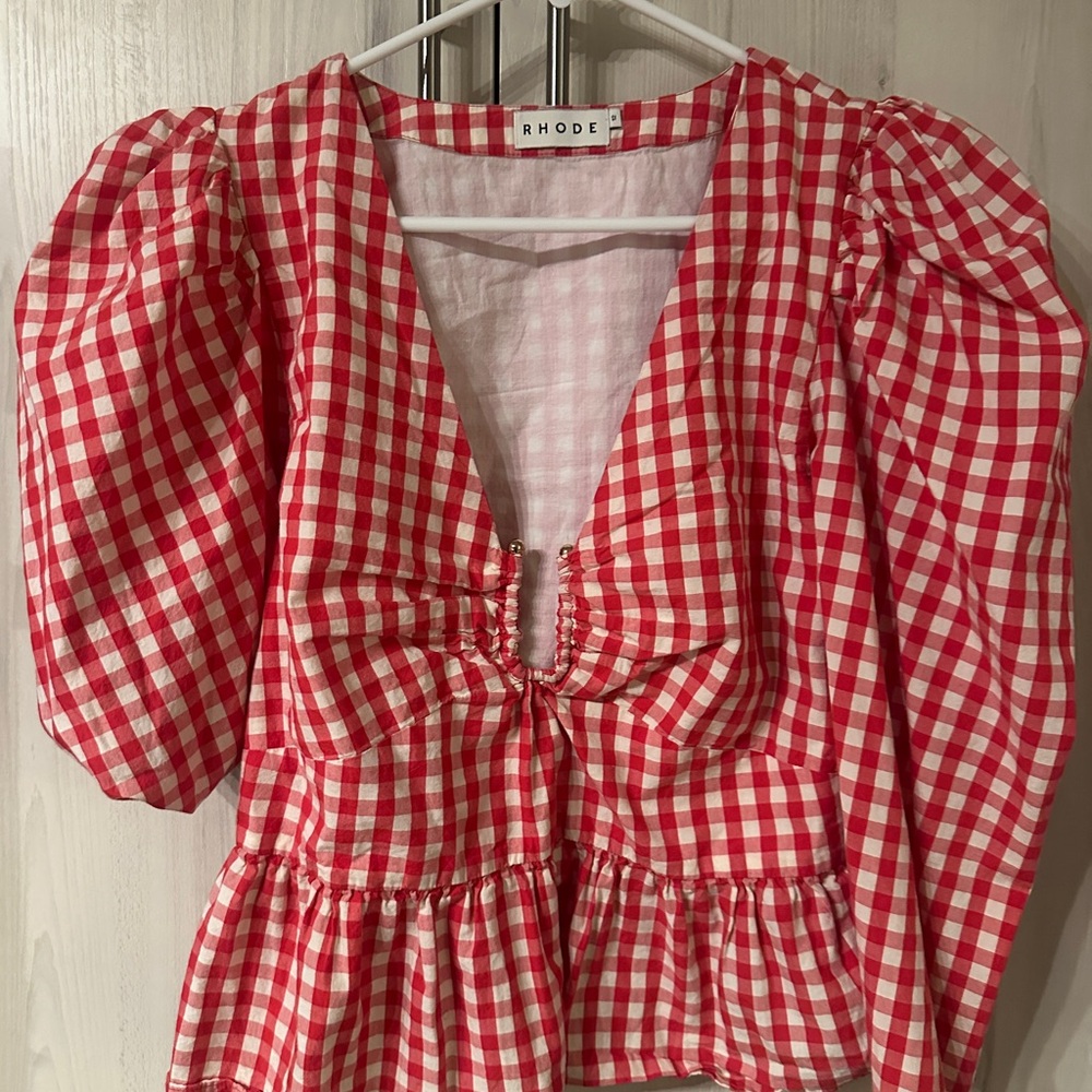 RHODE Red & White Gingham Puff-Sleeve Dress with Gathered Front